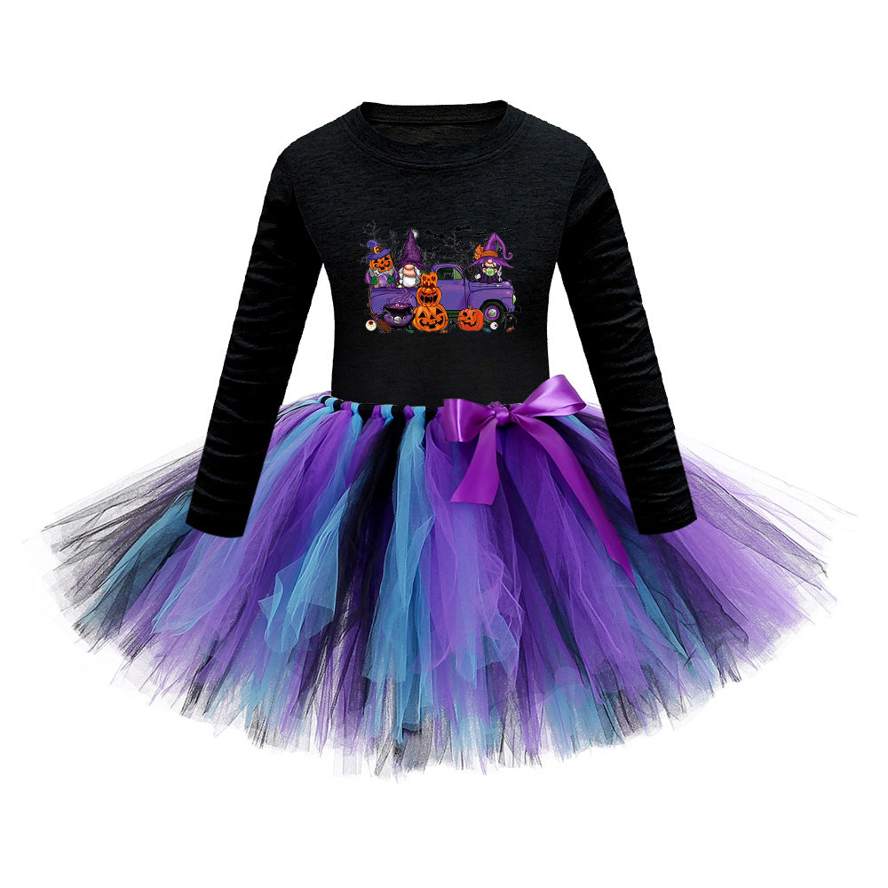 Arrival Girls’ Halloween Costume: Long Sleeves Cartoon Print Witches Cosplay Party Tulle Patchwork Dress