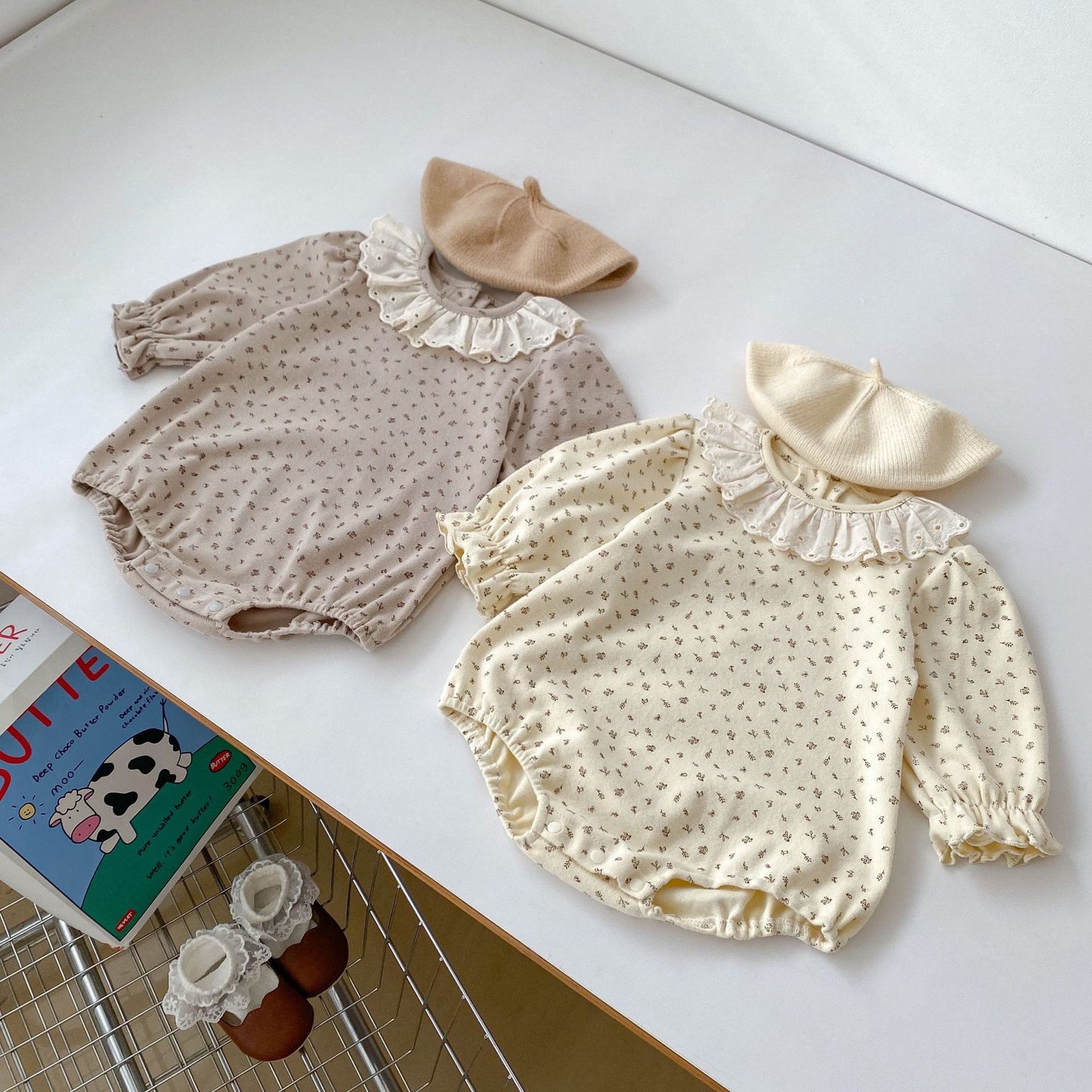 Arrival Baby Girls Long Sleeves Flowers Print Ruffle Collar Onesies