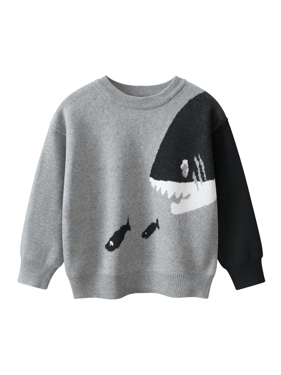 Baby Boy Kids Fish and Shark Pattern Crew Neck Long Sleeves Knitwear Pullover