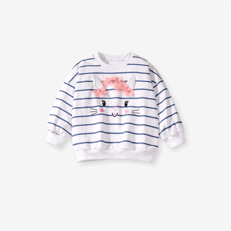 Spring And Autumn Girls Cartoon Rabbit And Striped Pattern Long Sleeves Crew Neck Top Sweatshirt And Pants Clothing Set