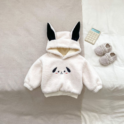 Winter Hot Selling Baby Unisex Long Sleeves Simple Rabbit Design Hooded Top Pullover and Striped Trousers Set