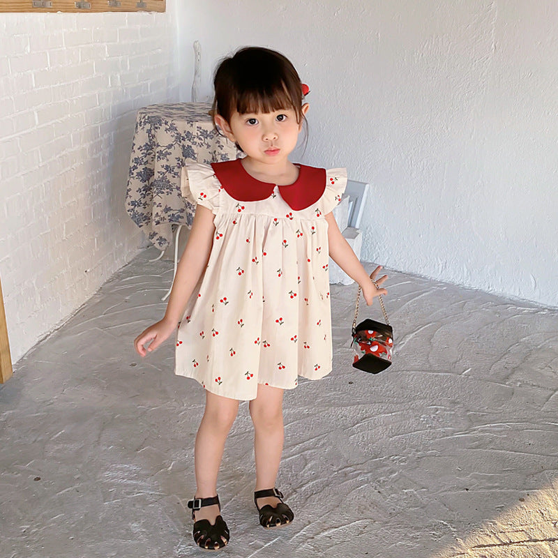 Summer New Arrival Baby Girls Cherry Print Fly Sleeves Peter Pan Collar Dress