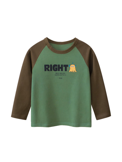 Autumn Baby Boys Letters and Cartoon Print Color Patchwork Long Sleeves Crew Neck Base Top Shirt