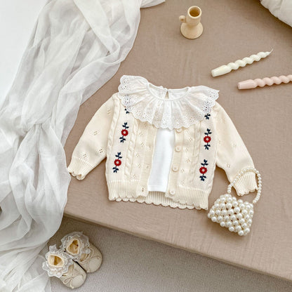 Autumn New Arrival Baby Kids Girls Comfortable Floral Pattern Embroidered Knitted Long Sleeves Cardigan