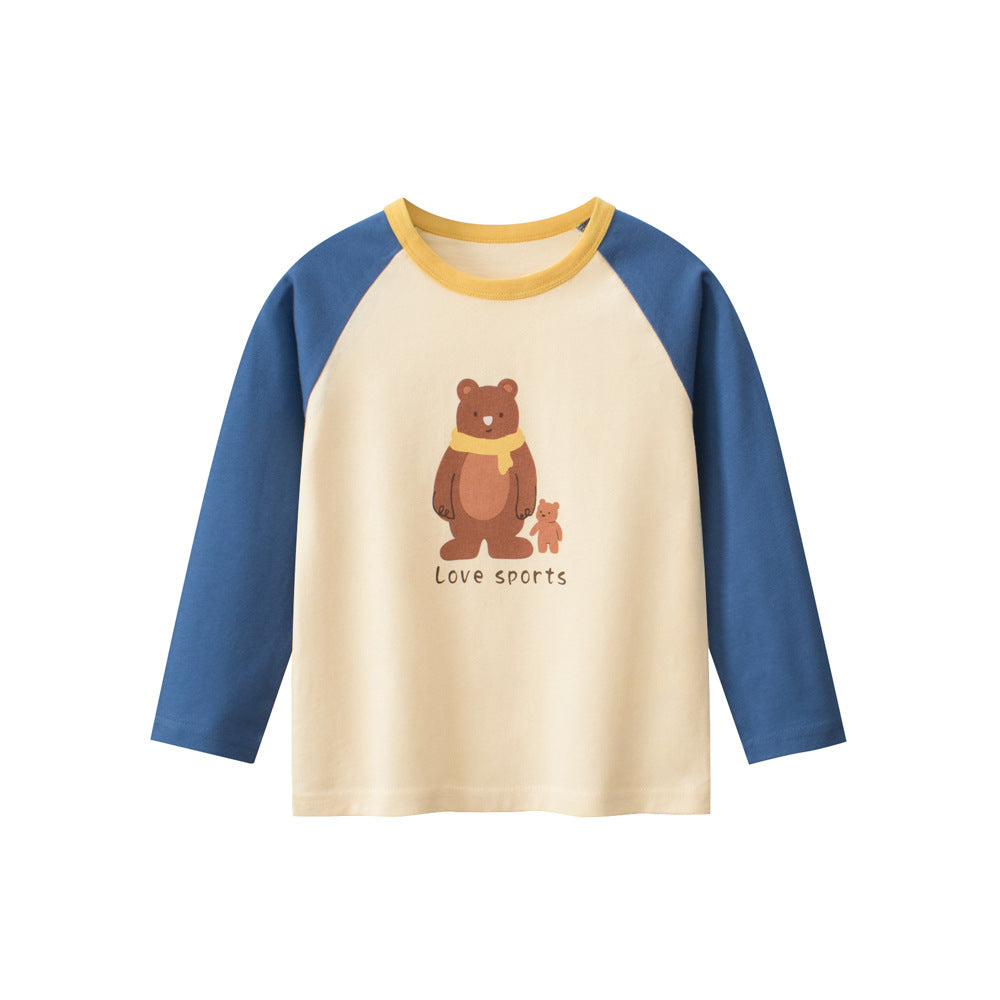 Camisa de manga larga con cuello redondo y estampado de letras y dibujos animados para niñas y niños recién llegada de otoño 