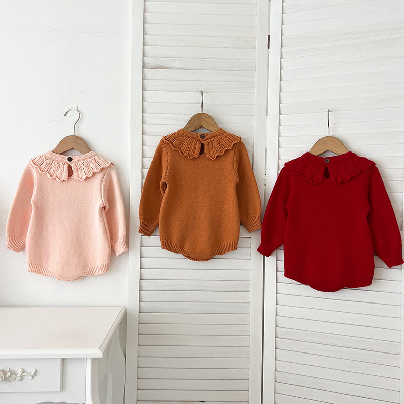 Autumn New Design Baby Girls Flowers Embroidery Pattern Long Sleeves Ruffle Collar Knitted Onesies