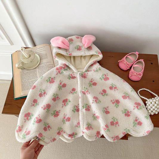 Autumn and Winter Baby Girl Floral Pattern Warm Cozy Fleece Cape Popular Shawl