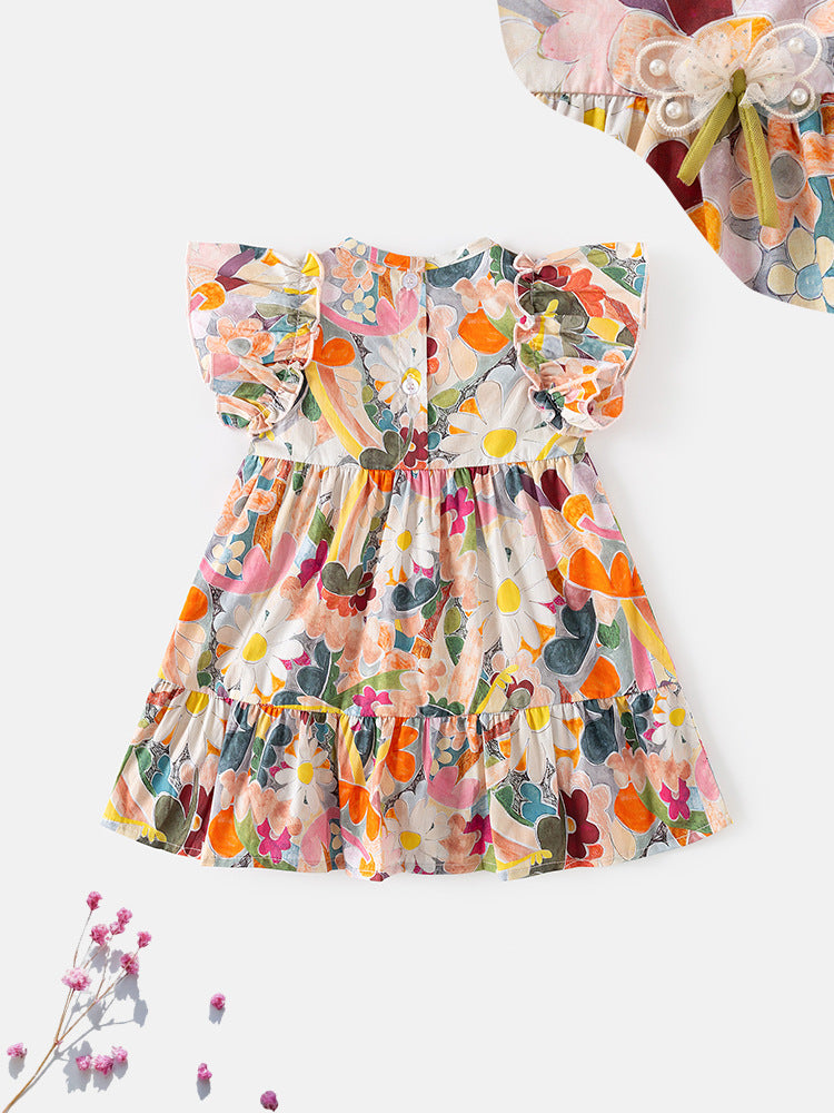 Baby Girls Floral Print Crew Neck Fly Sleeves Dress In Summer