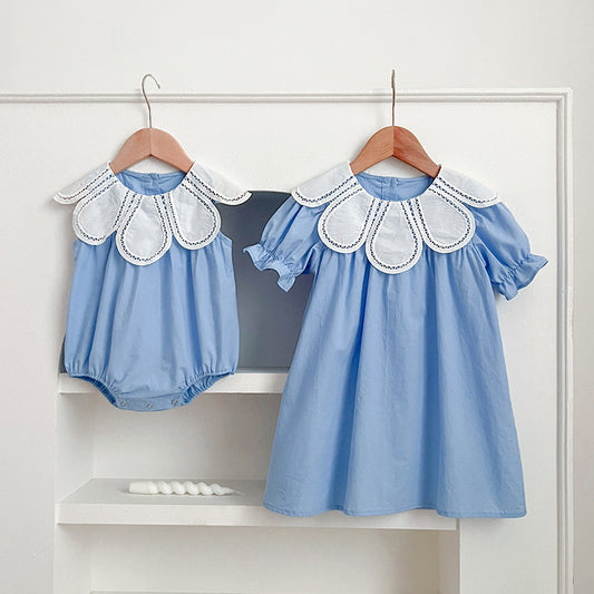 New Design Summer Girls Hollow Out Flower Collar Short Sleeveless Onesies And Short Sleeves Dress – Sister Matching Clothing Set