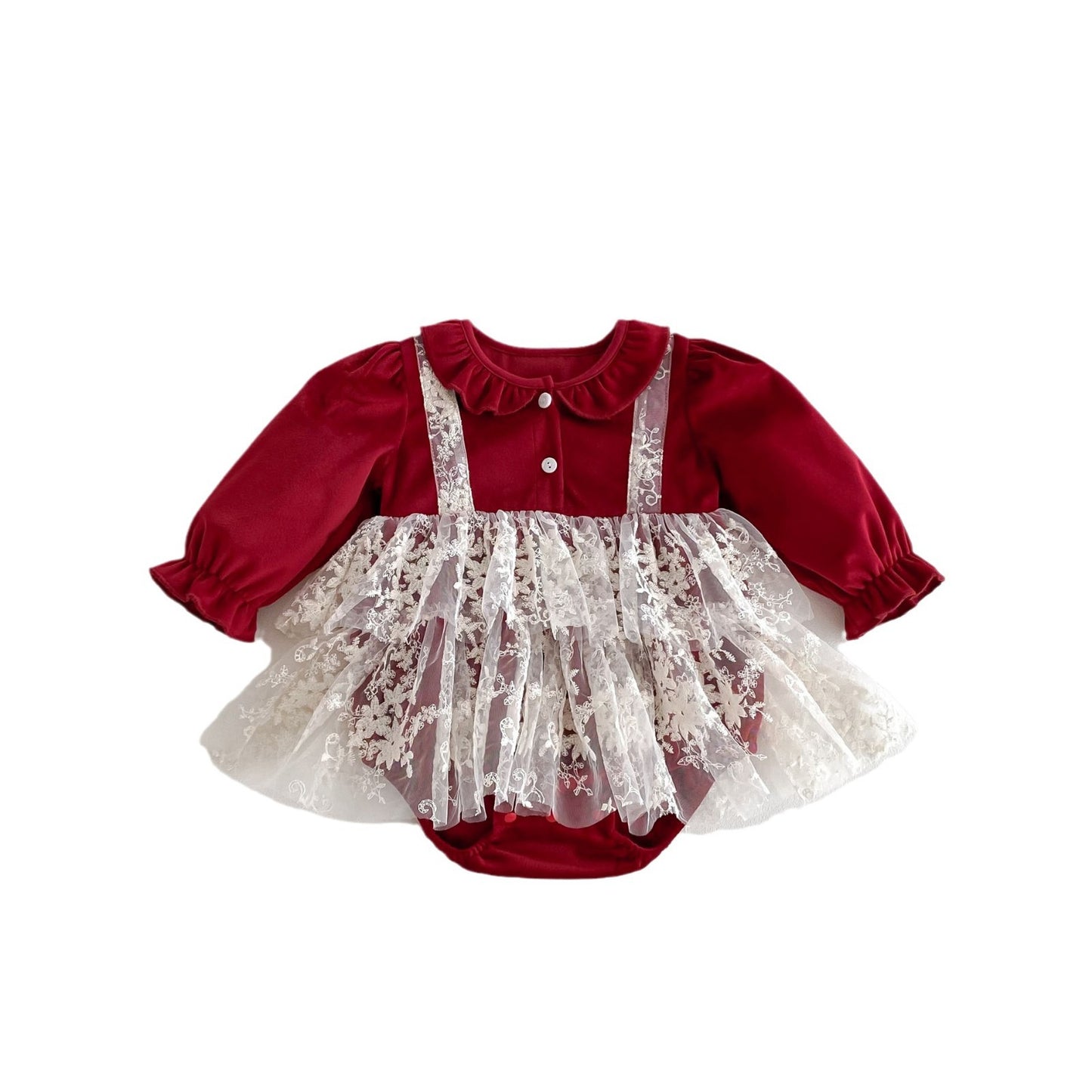 Arrival Baby Girls Long Sleeves Ruffle Collar Onesies Bodysuits Tulle Patchwork Dress