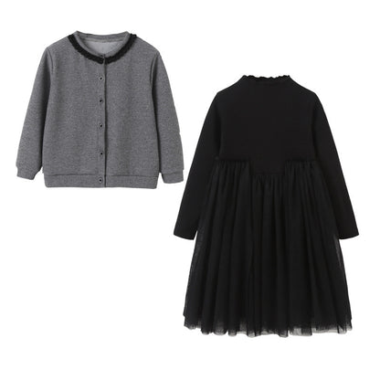 Girls Single Breasted Cardigan Tops Black Dress Sets