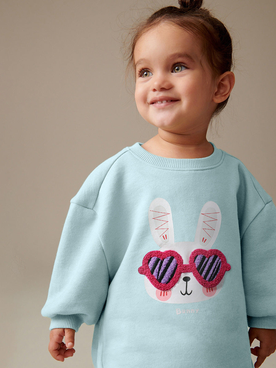 Spring And Autumn Girls Cute Cartoon Rabbit Pattern Long Sleeves Top Sweatshirt And Pants Clothing Set