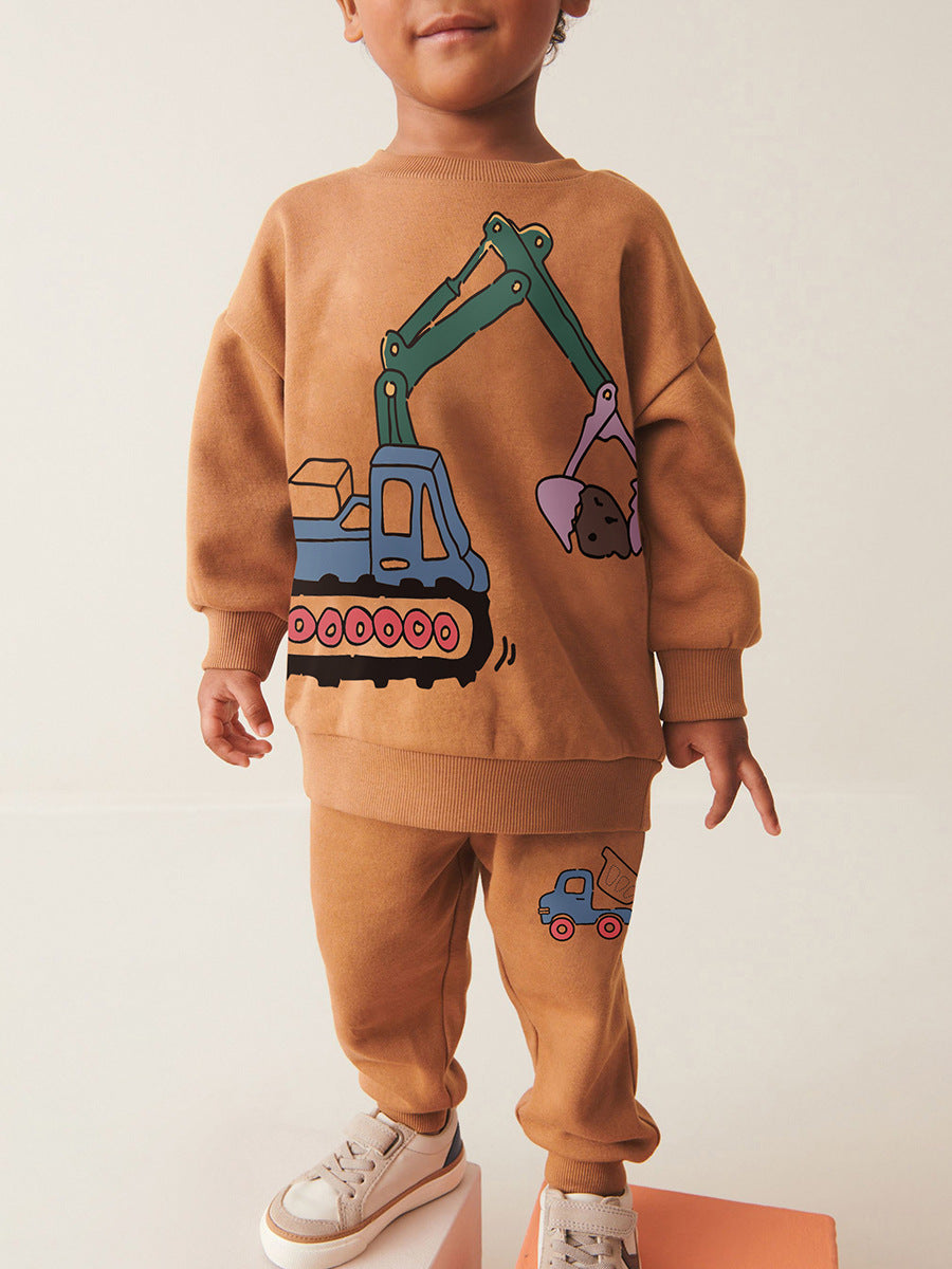 Spring And Autumn Boys Digger Pattern Long Sleeves Top Sweatshirt And Pants Clothing Set