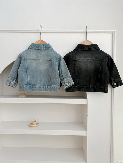 Baby Kids Button Front Design Washed Style Turndown Collar Denim Jacket Coat