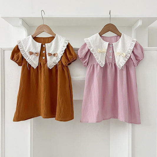 New Arrival Summer Girls Vintage Countryside Double-Bow Collar Short Sleeves Dress