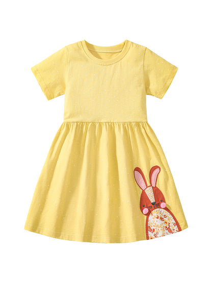 Summer New Arrival Girls’ Rabbits Pattern Crew Neck Short Sleeves Yellow Dress