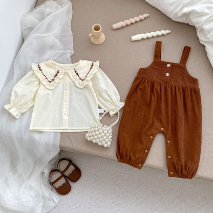 New Arrival Baby Kids Girls Flowers Pattern Long Sleeves Top and Brown Overalls Strap Rompers