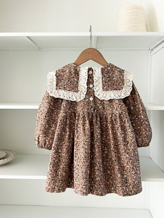 Spring New Arrival Baby Girls Long Sleeves Vintage Floral Pattern Dress