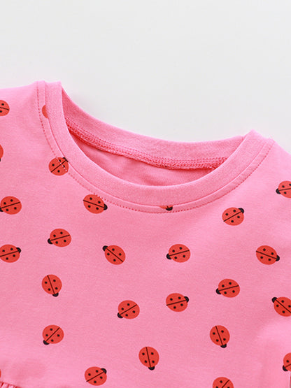 Summer New Arrival Baby Kids Girls Short Sleeves Ladybird Print Pink Dress