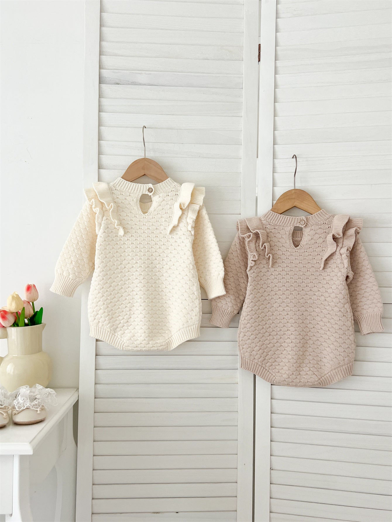 Autumn New Arrival Baby Girls Long Sleeves Geomatric Design Solid Color Crew Neck Knitted Onesies