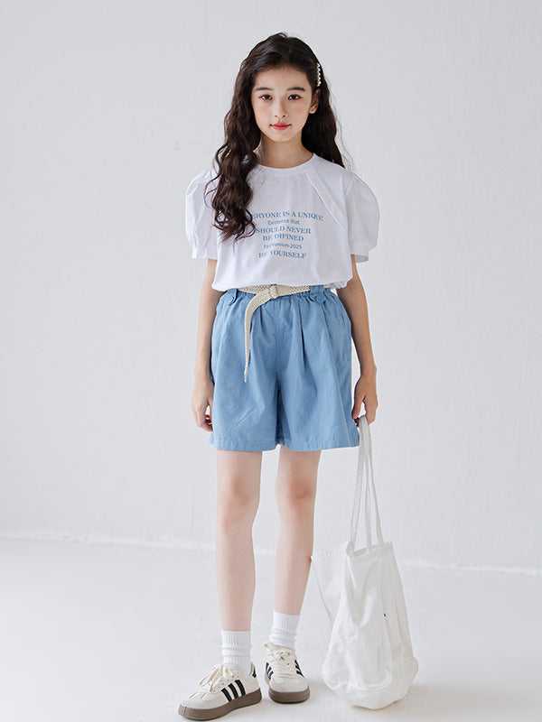 Summer Hot Selling Girls Letters Pattern Short Sleeves T-Shirt And Solid Color Pleated Shorts Clothing Set