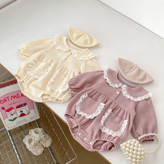 Spring Arrival Baby Girls Long Sleeves Peter Pan Collar Pocketed Bodysuits Onesies