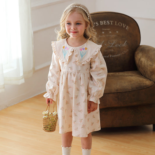 Spring and Autumn Flowers Pattern Long-sleeved Dress for Stylish Girls