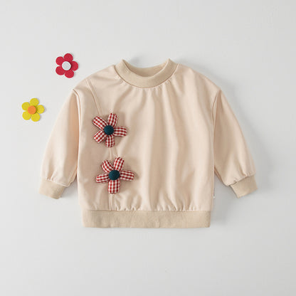 Camisa tipo pulóver con cuello redondo y mangas largas para niñas y niños con estampado de flores en 3D, diseño nuevo de otoño 