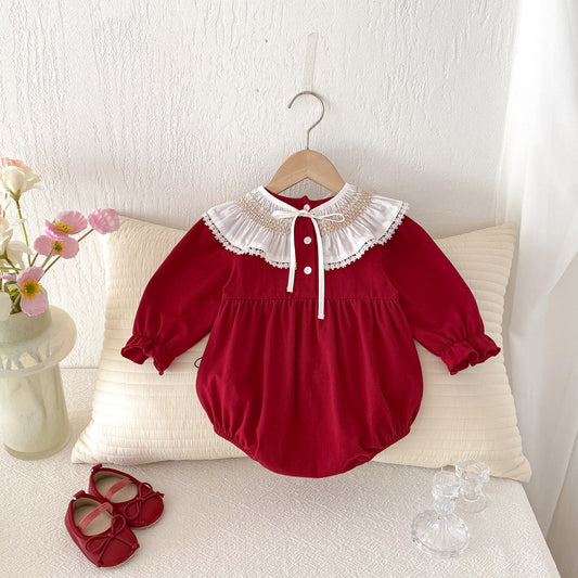 Spring New Arrival Baby Girls Cute Floral Pattern Lace Trim Long Sleeves Onesies