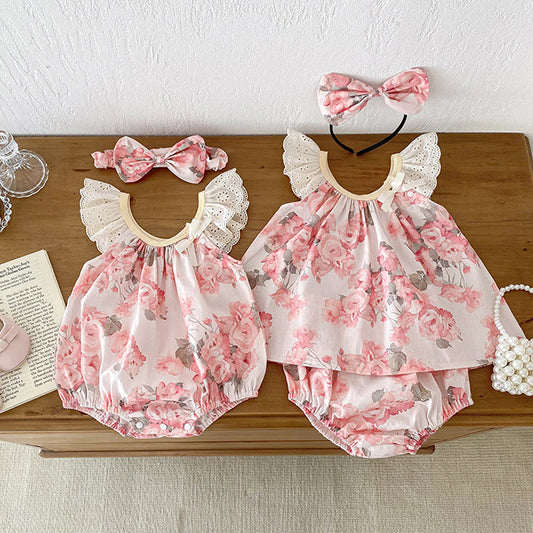 Conjunto de ropa y mono con tirantes de encaje calados sin mangas con estampado de flores para niñas de verano: conjunto de ropa a juego para hermanas 