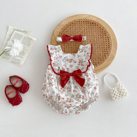 New Design Summer Baby Kids Girls Cherry Pattern Square Neck Sleeveless Big Bow Onesies