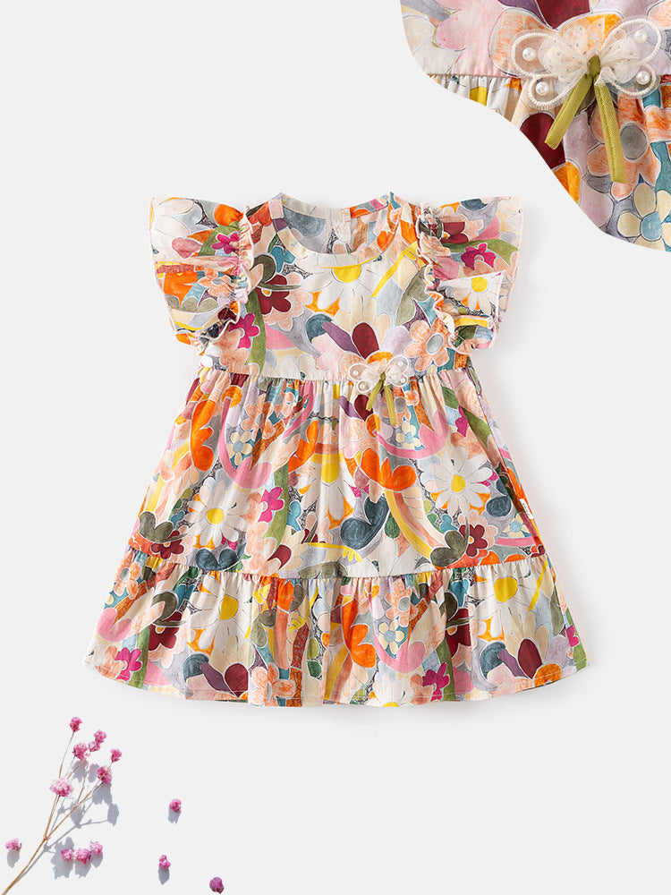 Baby Girls Floral Print Crew Neck Fly Sleeves Dress In Summer