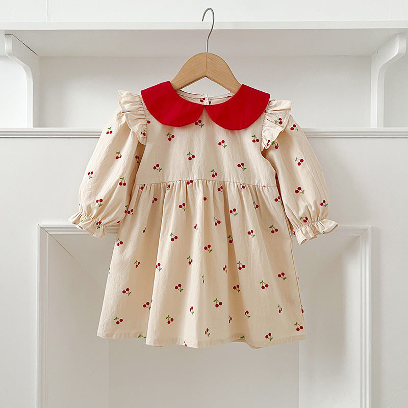 Recién llegado, mono y vestido con cuello Peter Pan y estampado de cerezas de manga larga para niñas y bebés de otoño: conjunto a juego de princesa y hermana 