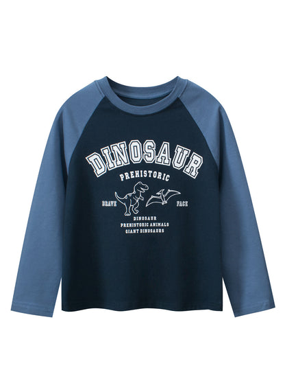 Autumn New Arrival Kids Cartoon Print Crew Neck Long Sleeves Color Patchwork Shirt