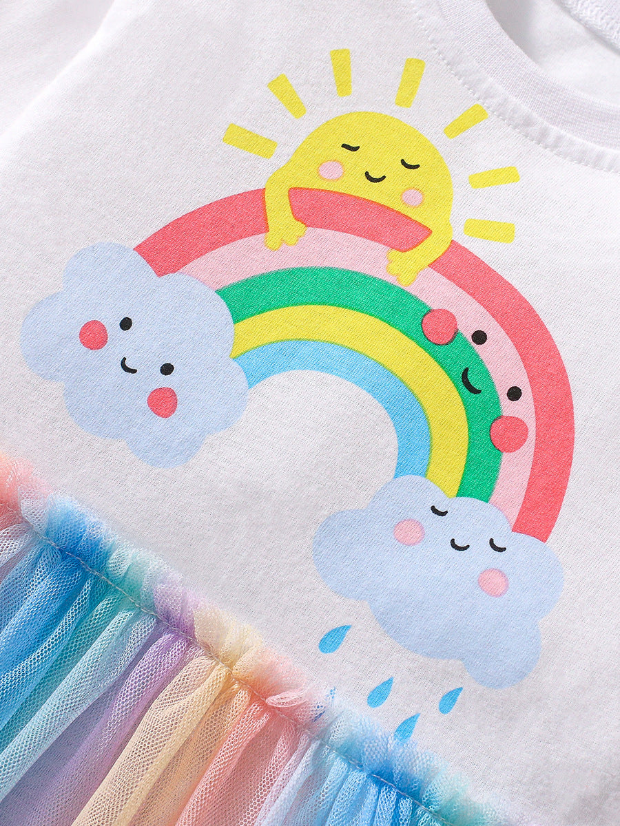 Design Autumn Girls Cartoon Rainbow And Clouds Pattern Crew Neck Long Sleeves Colorful Tulle Patchwork Dress