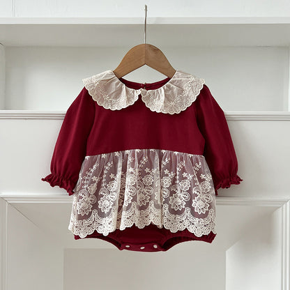 Autumn New Arrival Baby Girls Long Sleeves Hollow-out Collar Tulle Patchwork Onesies