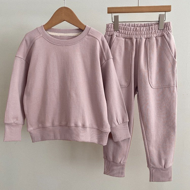 Autumn Baby Kids Unisex Casual Solid Color Long Sleeves Pullover and Pocketed Pants Clothing Set