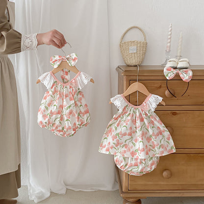 Conjunto de ropa y mono con tirantes de encaje sin mangas con estampado de flores para niñas de verano: conjunto de ropa a juego para hermanas 