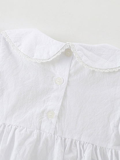 Summer New Arrival Baby Kids Girls Short Sleeves Solid Color Peter Pan Collar White Dress Design T-Shirt