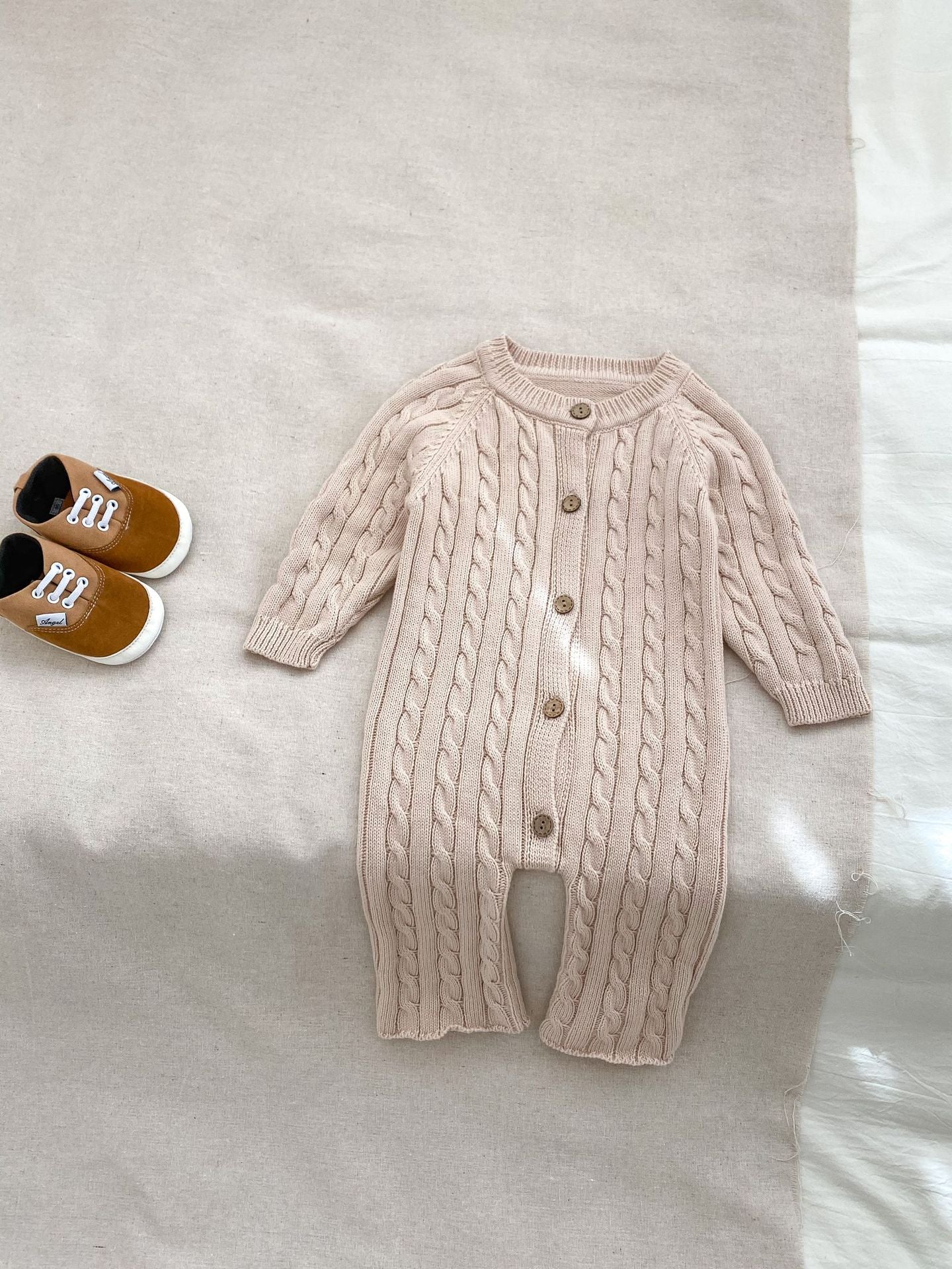 Autumn New Arrival Baby Unisex Solid Color Long Sleeves Jacquard Crew Neck Knitted Romper