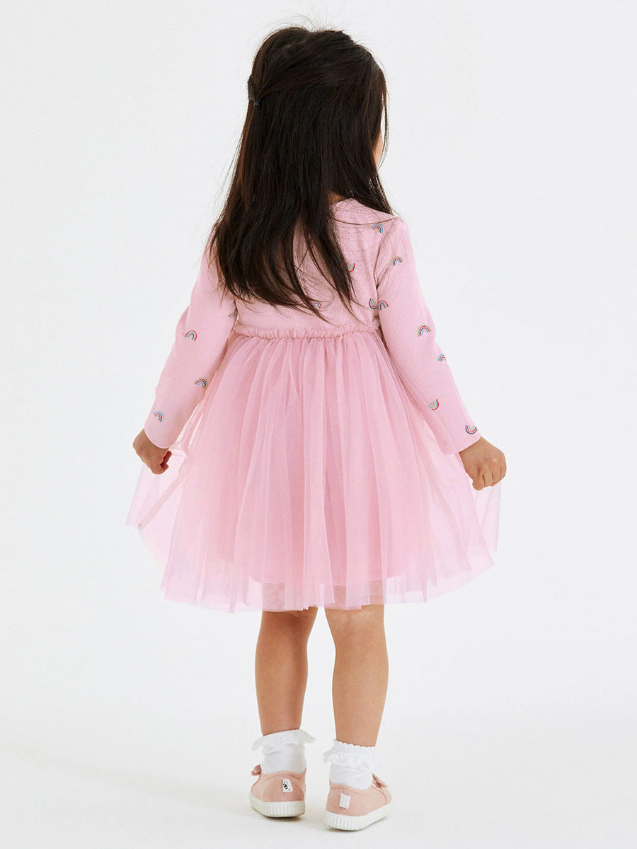 Arrival Autumn Girls Rainbows Print Crew Neck Long Sleeves Tulle Patchwork Princess Dress