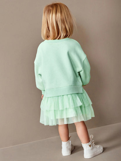 New Design Autumn Girls Geometric Print Crew Neck Long Sleeves Green Tulle Patchwork Princess Dress