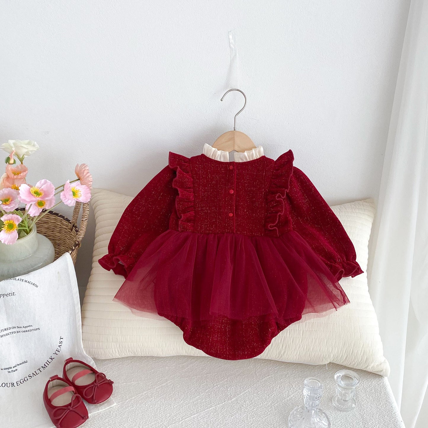 Autumn New Arrival Baby Girls Long Sleeves Red Ruffle Neck Patchwork Onesies Dress