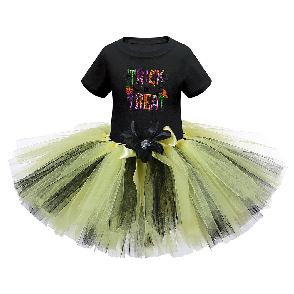 Arrival Girls’ Halloween Costume: Short Sleeves Cartoon Print Witches Cosplay Party Tulle Patchwork Dress