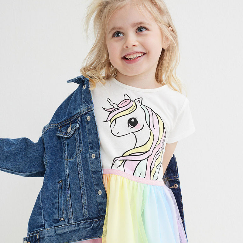 Vestido de tul con estampado de unicornio y mangas cortas para niñas pequeñas