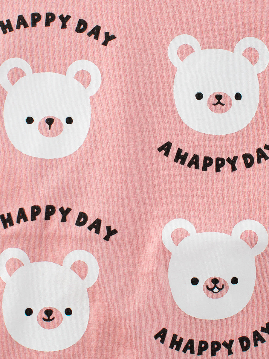 Summer Teddy Bear Cartoon Print Color Patchwork Girls’ T-Shirt In European And American Style