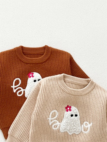 Autumn New Arrival Baby Kids Unisex Comfortable Halloween Ghost Pattern Knitted Long Sleeves Pullover