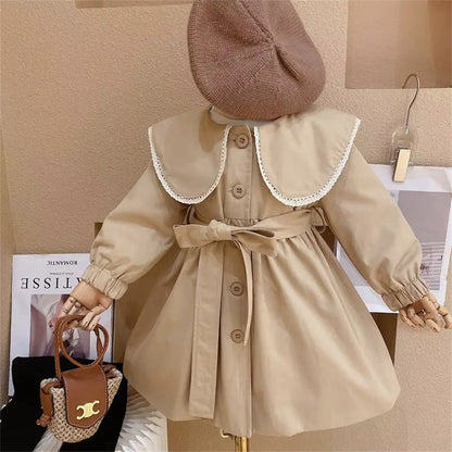 Baby Girls Peter Pan Neck Long Sleeved Khaki Single Breasted Dress With Belt