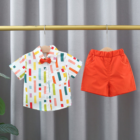 Summer Baby Kids Boys Colorful Striped Pattern Turn-Down Collar Short Sleeves Shirt And Orange Shorts English Clothing Set