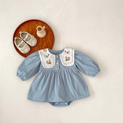 Autumn New Arrival Baby Girls Long Sleeves Flowers Embroidered Pattern Crew Neck Onesies Dress